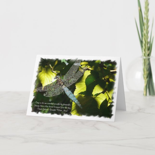 Cartão Blue Dragonfly with Green Leaves/Quotation (Frente)