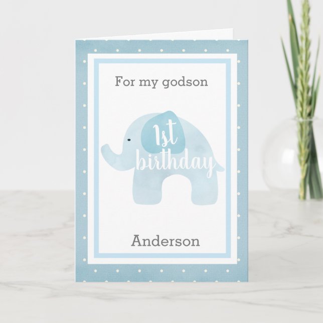 Cartão Blue Elephant 1st Birthday Godson (Frente)