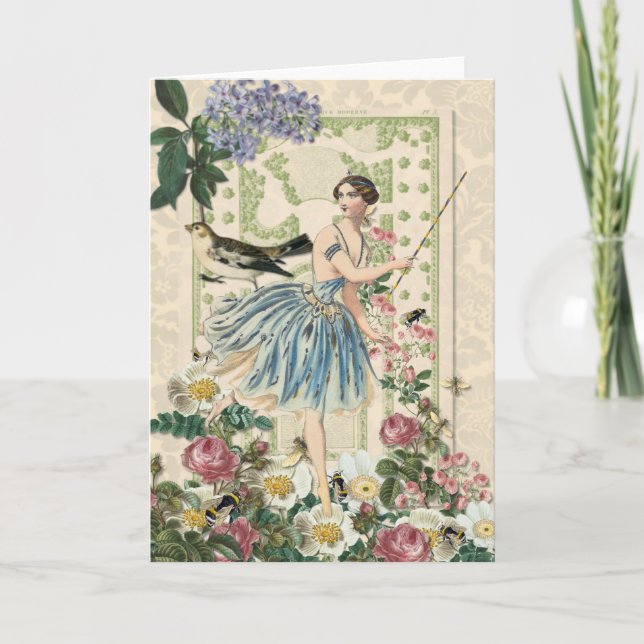 Cartão Blue Fairy & Bird - Vintage Blank Greeting Note (Frente)