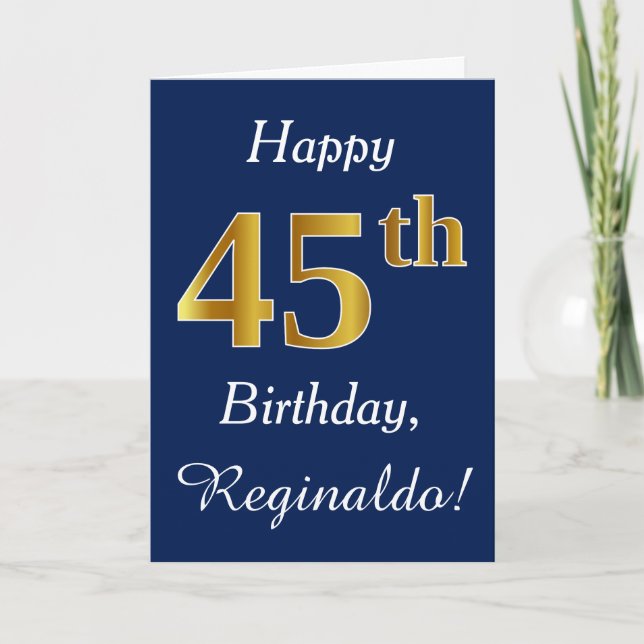 Cartão Blue, Faux Gold 45th Birthday + Custom Name (Frente)