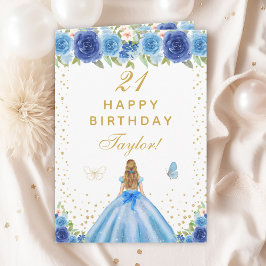 Cartão Blue Floral Blona Hair Girl Happy Birday