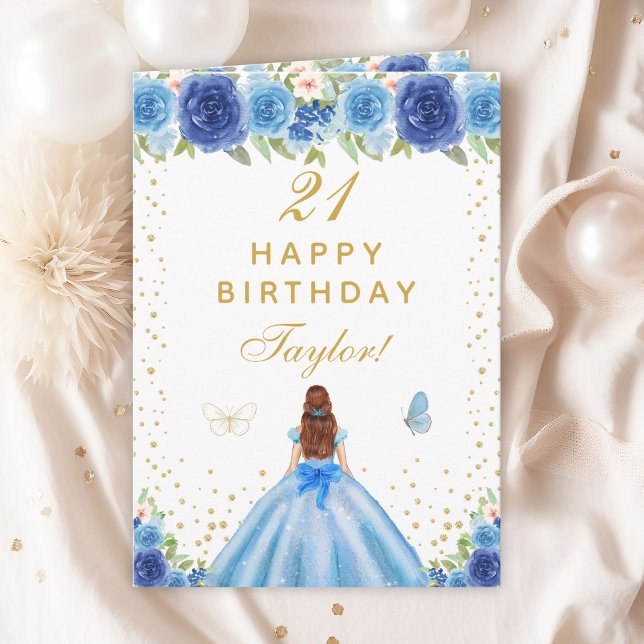 Cartão Blue Floral Brown Hair Girl Happy Birday (Criador carregado)