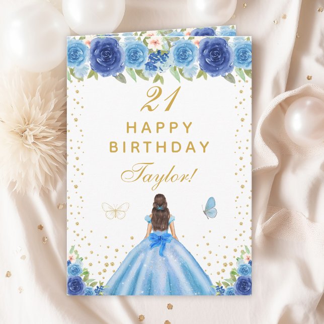 Cartão Blue Floral Brunette Hair Girl Happy Birday (Criador carregado)