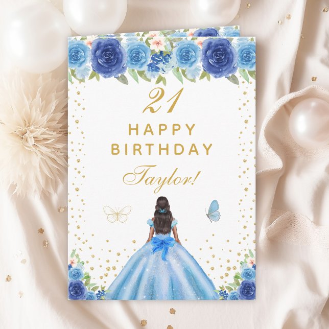 Cartão Blue Floral Dark Skin Girl Happy Birthday (Criador carregado)