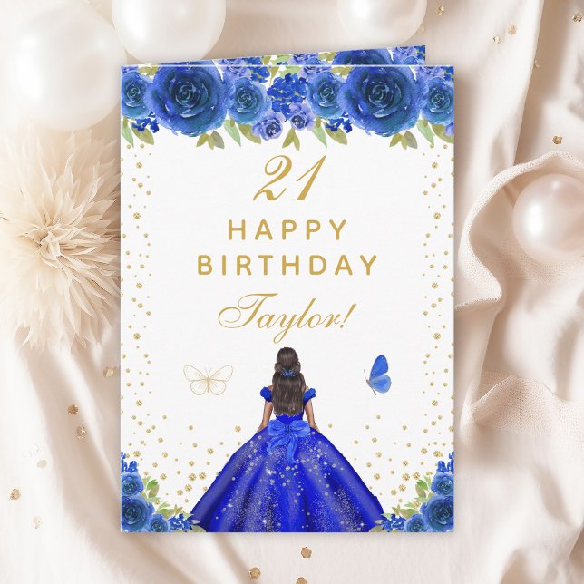 Cartão Blue Floral Dark Skin Girl Happy Birthday (Criador carregado)