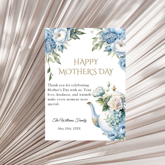 Cartão Blue Floral Mother's Day Tea Party Thank you (Elegant Blue Floral Teapot Mother's Day Thank you card)
