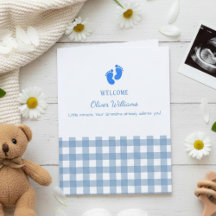 Blue Gingham Personalized Baby Welcome Card 