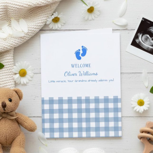 Cartão Blue Gingham Personalized Baby Welcome Card  (Criador carregado)