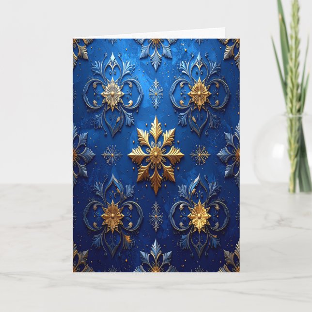 Cartão Blue Gold Decorative Holiday Card (Frente)