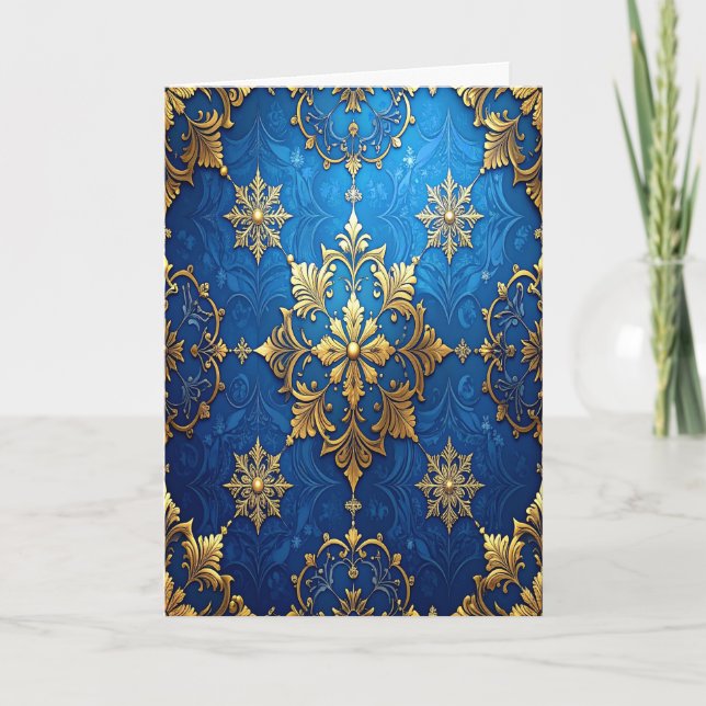 Cartão Blue Gold Decorative Holiday Card (Frente)