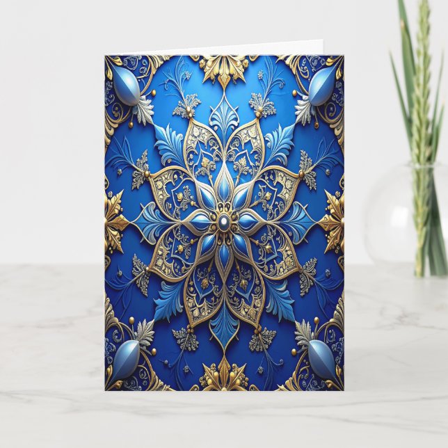 Cartão Blue Gold Decorative Holiday Card (Frente)