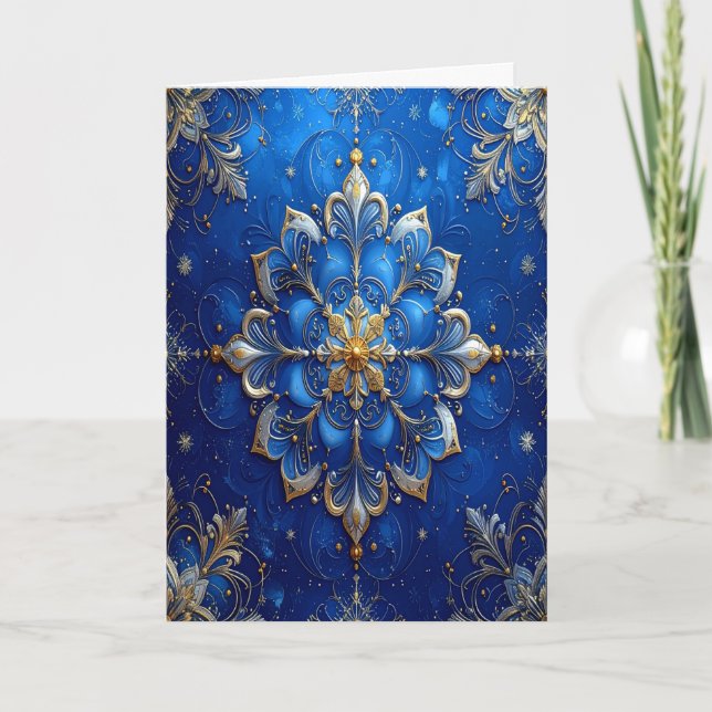Cartão Blue Gold Decorative Holiday Card (Frente)