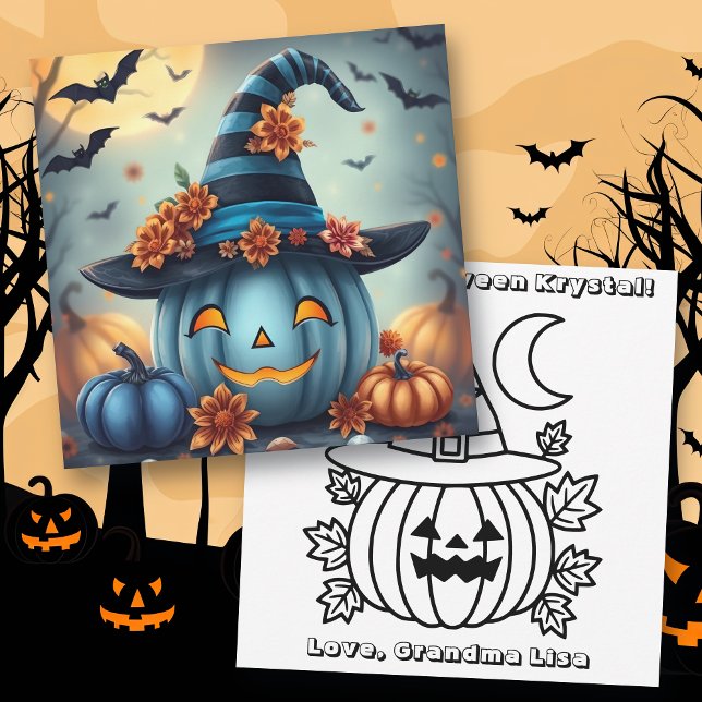 Cartão Blue Halloween Pumpkin & Coloring Page Personalize (Criador carregado)