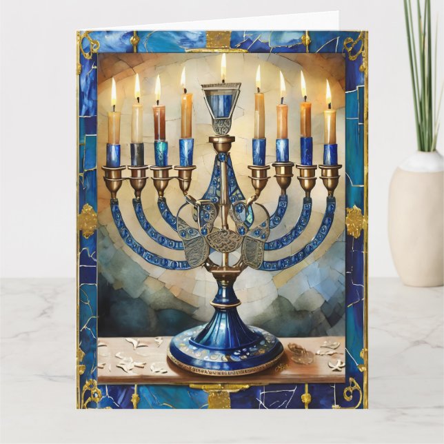 Cartão Blue Hanukkah Menorah (Frente)