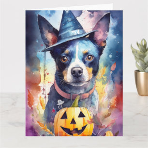 Cartão Blue Heeler de Halloween com Abóboras Assustadoras