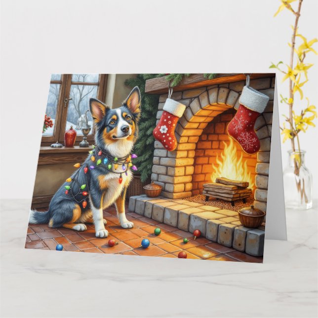 Cartão Blue Heeler Fireplace with Christmas Lights (Flor Amarela)