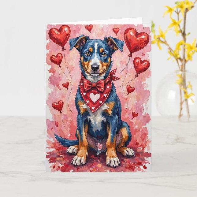 Cartão Blue Heeler Valentine’s Day Dog with Hearts Red (Flor Amarela)