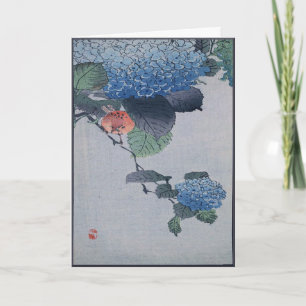Cartão Blue Hydrangea Japonês Woodcut com Verse