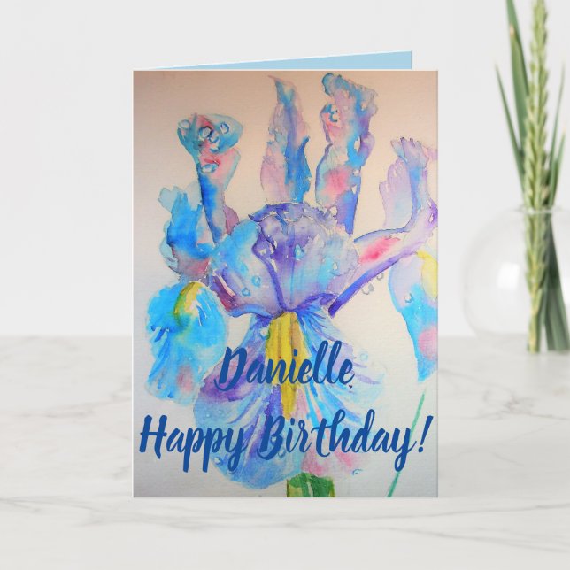 Cartão Blue Iris Watercolor Fllower Birthday Card (Frente)