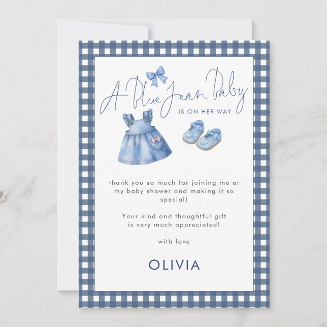 Cartão Blue Jean Gingham Thank You Girl Baby Shower  (Frente)
