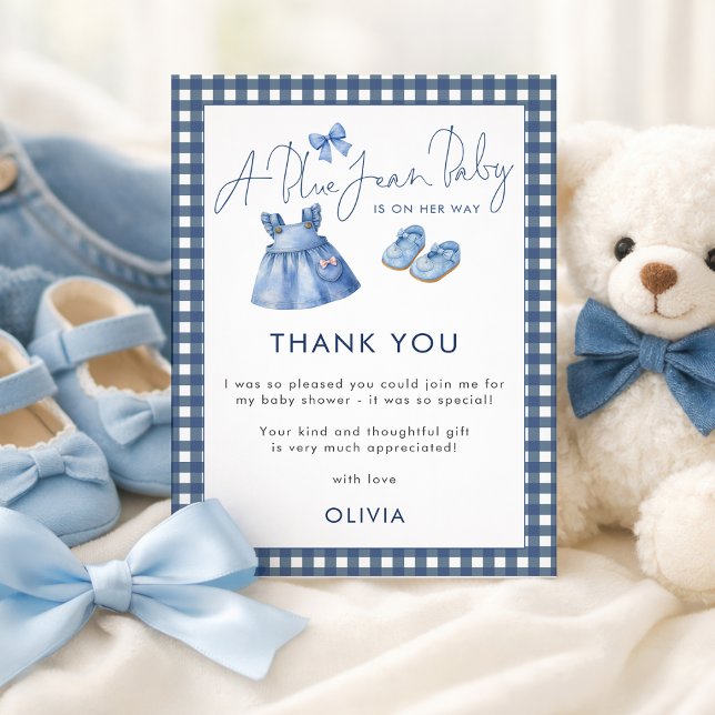 Cartão Blue Jean Gingham Thank You Girl Baby Shower  (Criador carregado)