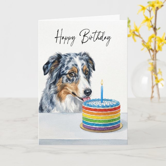Cartão Blue Merle Aussie Birthday Cake Inspector (Flor Amarela)