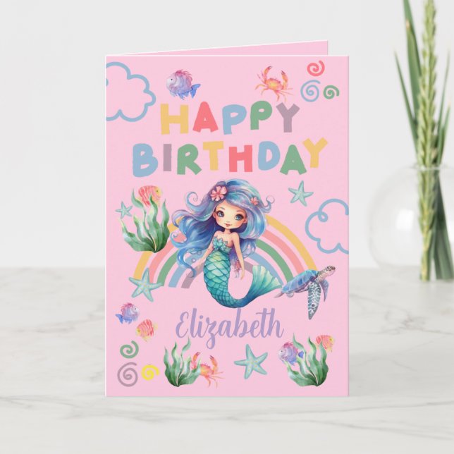 Cartão Blue Mermaid Birthday Card in Pink (Frente)