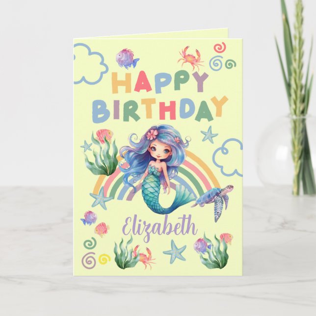 Cartão Blue Mermaid Birthday Card in Yellow (Frente)