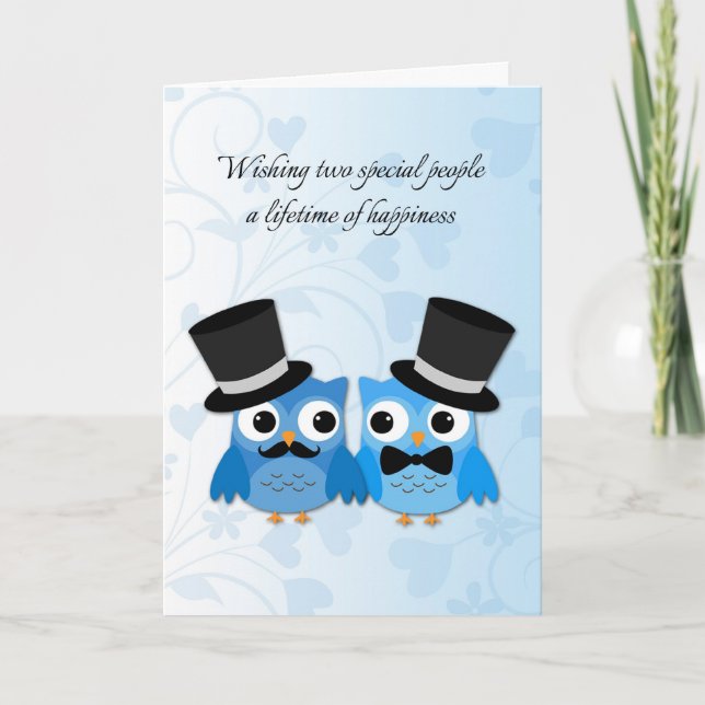 Cartão Blue Owls, Gay Men Wedding Congratulations (Frente)