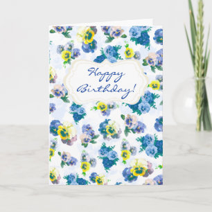 Cartão Blue Pansy Flowers floral pattern Happy Birthday