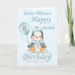 Cartão Blue Penguin 6 Month Birthday<br><div class="desc">A cute 6 month baby penguin birthday card. The card features a baby boy penguin sitting on a cloud holding a balloon. A sweet design for a little boy who will be half a year old. Add the child, s name to the front of the card to customize it for...</div>