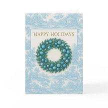 Blue Toile Holiday Card with Winter Wreath