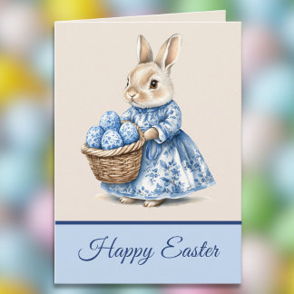 Cartão Blue Toile Mother Rabbit n Basket of Easter Eggs  