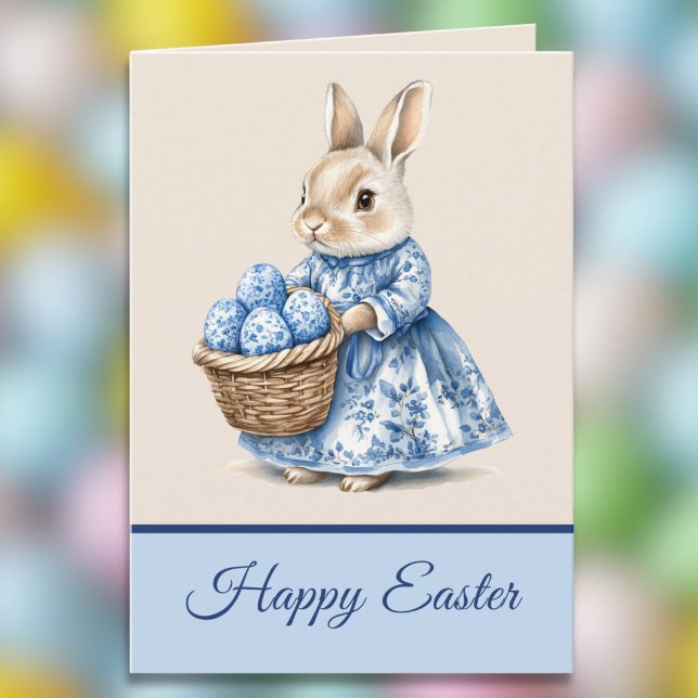 Cartão Blue Toile Mother Rabbit n Basket of Easter Eggs   (Criador carregado)