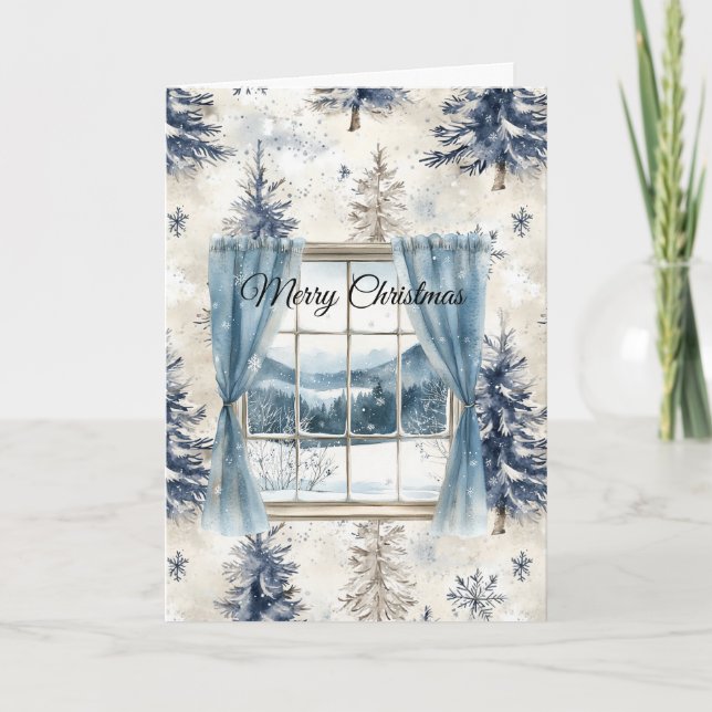 Cartão Blue Trees Snowflakes Christmas Window (Frente)