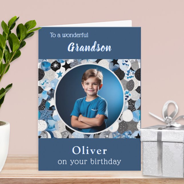 Cartão Blue Trendy Modern 1 Fotografia Avô Aniversário (A birthday card for your grandson, to personalize with a photo and name)