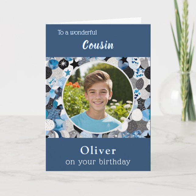 Cartão Blue Trendy Modern Cousin Birthday Custom Photo (Frente)