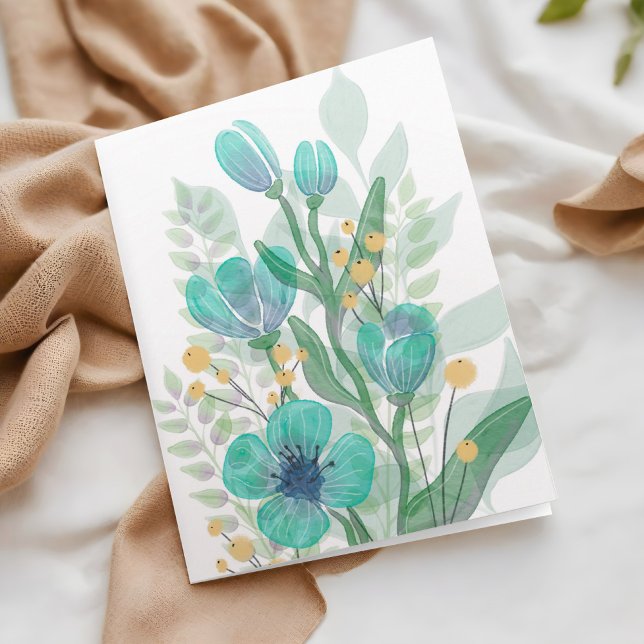 Cartão Blue Watercolor Blooms Business Happy Birday (Criador carregado)