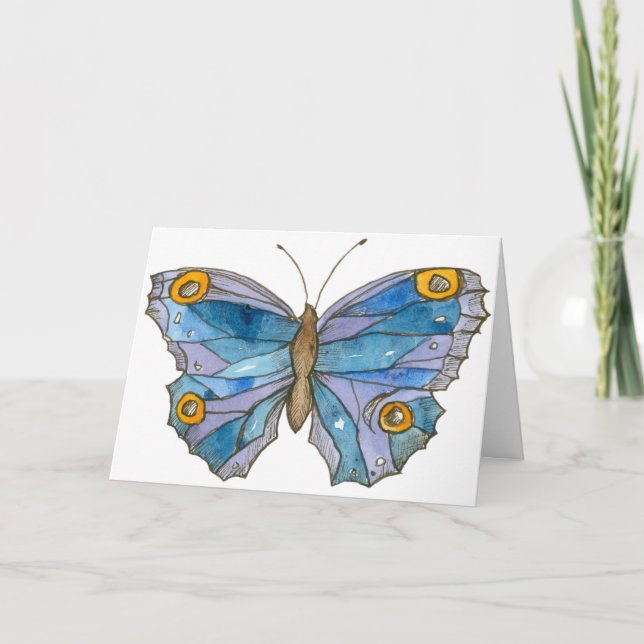 Cartão Blue Watercolor Butterfly Feliz Aniversário (Frente)