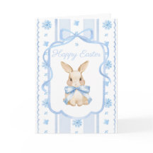 Blue Watercolor Cottage Bow Bunny Easter Greeting