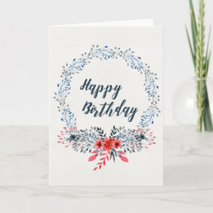 Cartão Blue Watercolor deixa Wreath Happy Birday Card