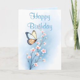 Cartão Blue Watercolor Fllower Butterfly Feliz Aniversári