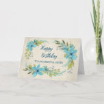 Cartão Blue Watercolor Flowers Sister Birthday Card<br><div class="desc">Cartão de saudação bonito e ponderado para o aniversário da irmã com flores azuis vintage e texto de estilo manuscrito.</div>