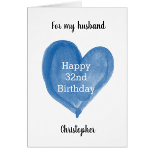 Cartão Blue Watercolor Heart 32nd Birthday