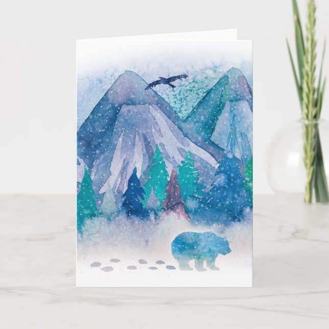 Cartão Blue Watercolor Winter Mountain Landscape Art (Frente)