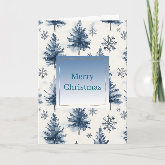 Cartão Blue White Christmas Trees Snowflakes	 (Frente)