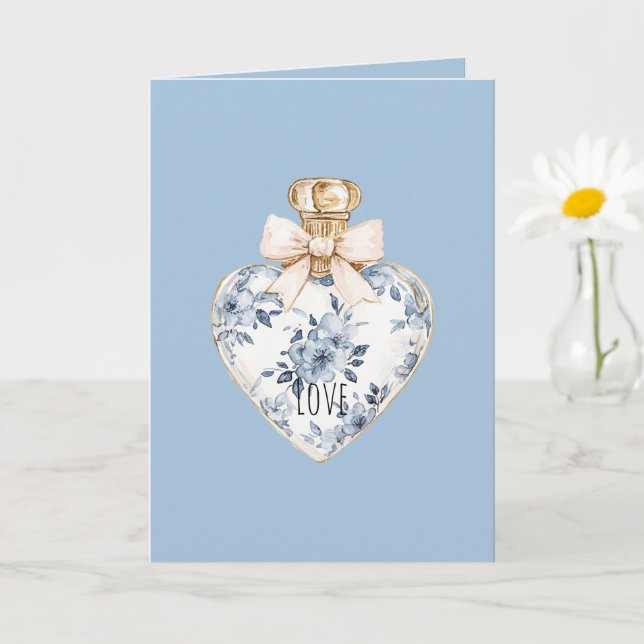 Cartão Blue White Floral Heart Perfume Bottle Love  (Planta pequena)