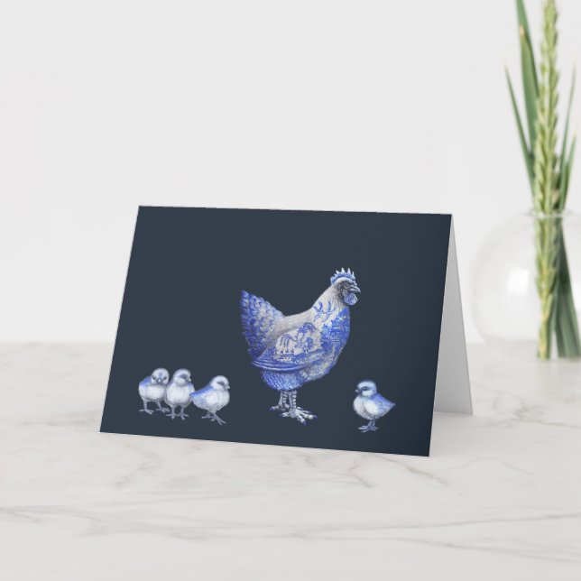 Cartão Blue Willow Hen and Chicks Greeting Card (Frente)