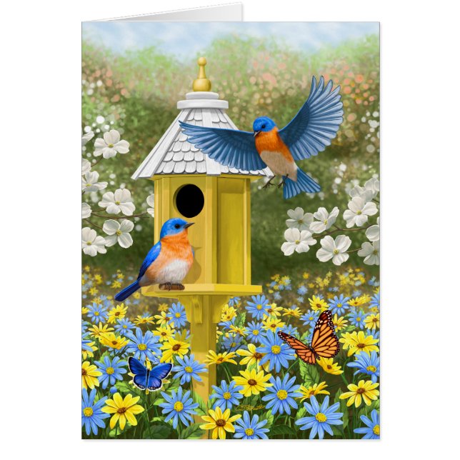 Cartão Bluebird e Hexagon Birdhouse Blue (Frente)
