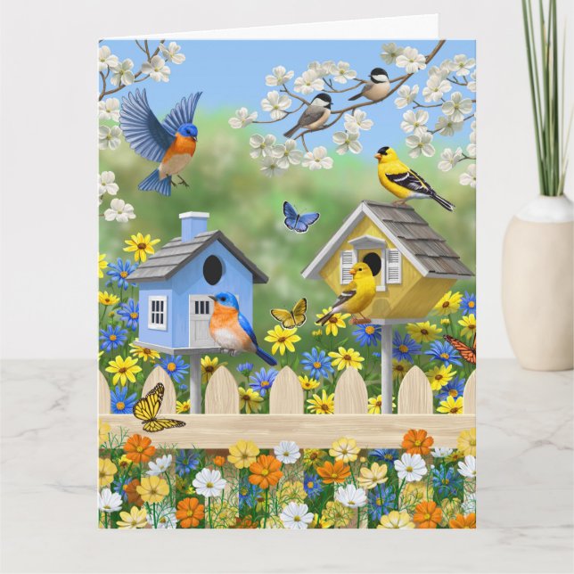 Cartão Bluebird Goldfinches Birdhouses Fllower Garden (Frente)